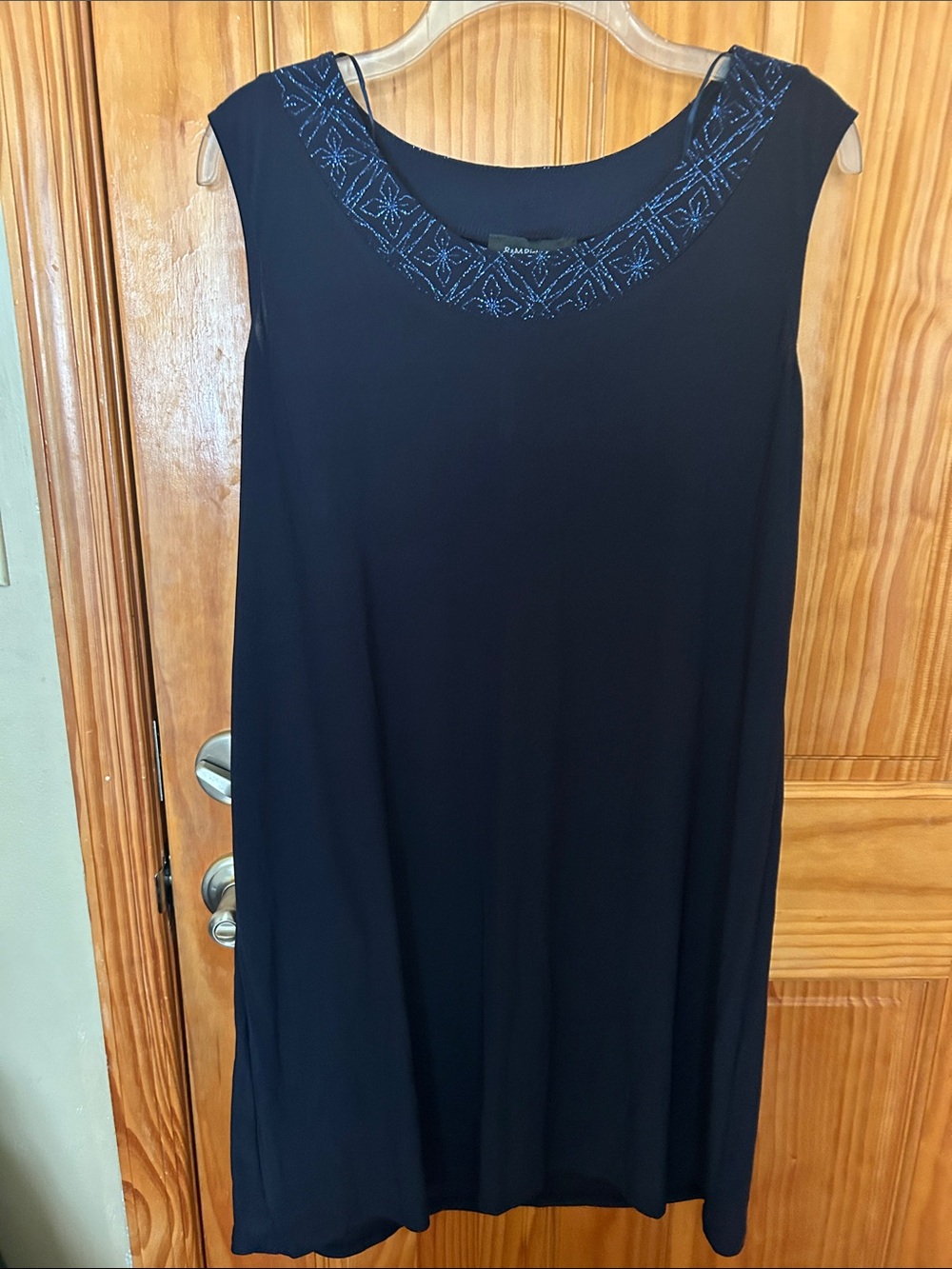 R&M Richards Navy Dress with Metallic Blue Beaded Neckline